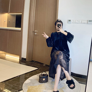 长款秋冬金丝绒黑色打底大码胖mm巨显瘦200斤连衣裙赫本风黑色潮