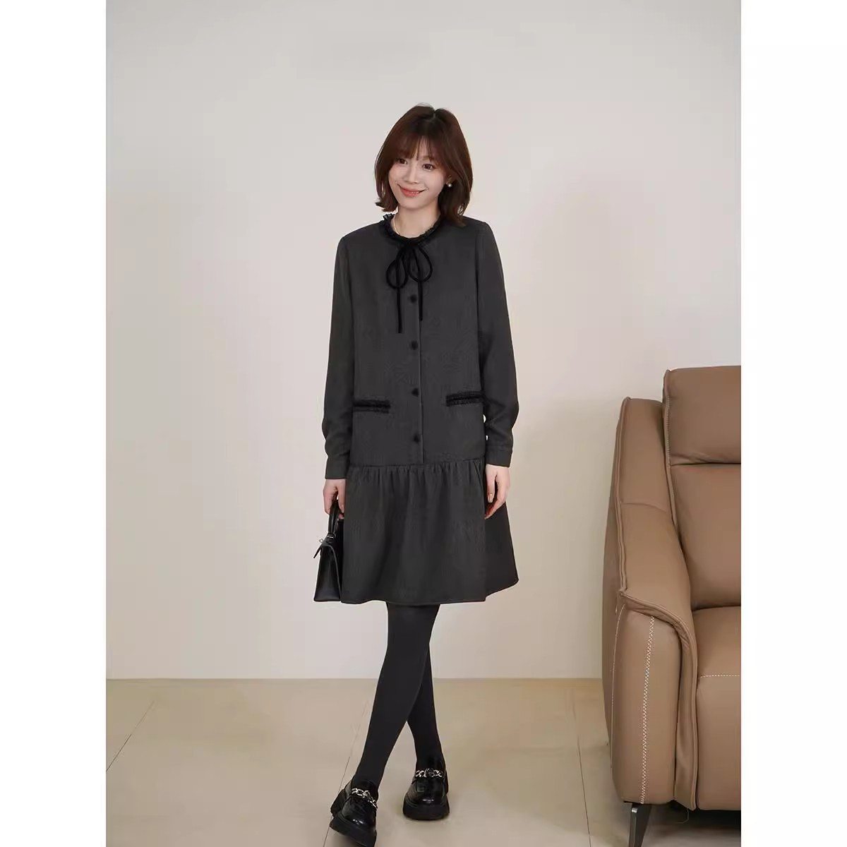 爵莱菲大码胖mm冬季羊毛混纺领圈撞色通勤百搭连衣裙气质宽松