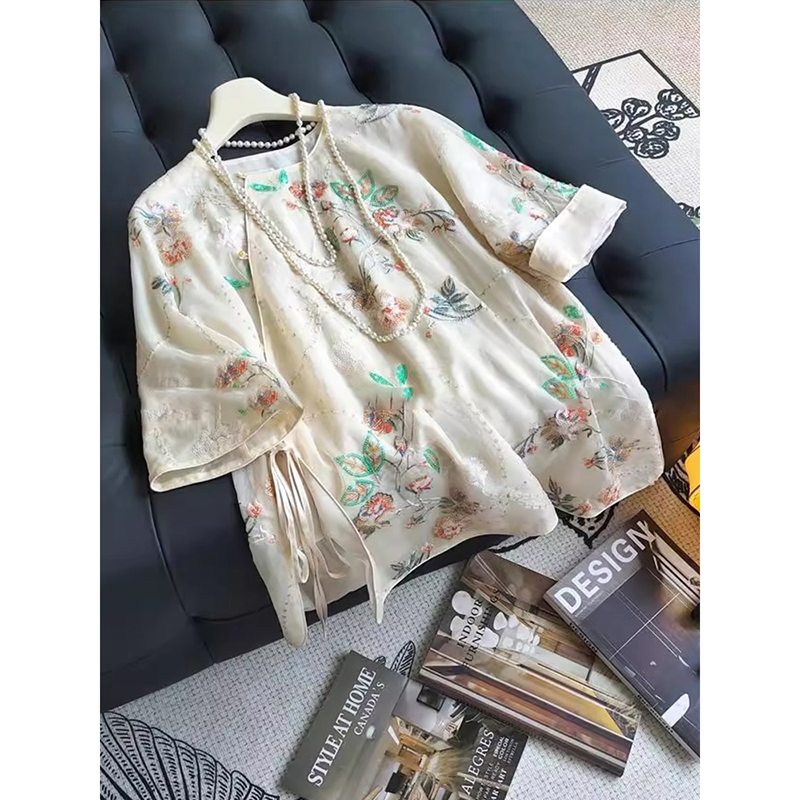 杏色新中式亮片刺绣套装女