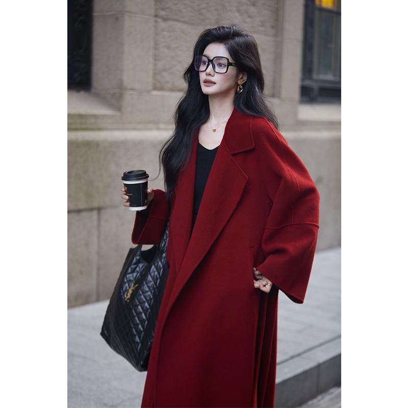 爵莱菲大码高级感绵羊毛翻领系带收腰双面毛呢红色大衣女冬新款,女装/女士精品,大码呢大衣,淘宝优惠券,粉丝福利购,淘宝优惠卷