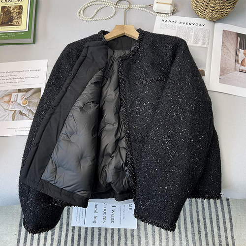 爵莱菲大码高端羊毛呢亮丝钉珠小香风羽绒服女冬装加厚羽绒内胆