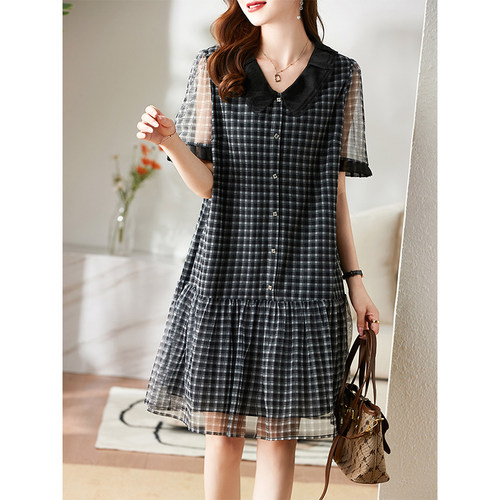 欧根纱格子娃领镂空雪纺连