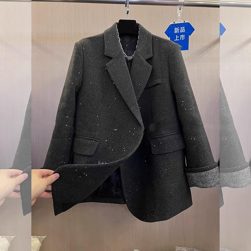 爵莱菲大码胖mm高端亮片新国标90白鸭绒毛呢西装外套羽绒服女冬