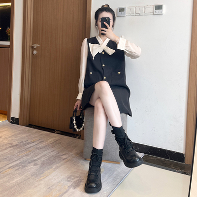 小香风撞色拼接连衣裙女2025秋季新款宽松长袖小个子裙子大码胖m