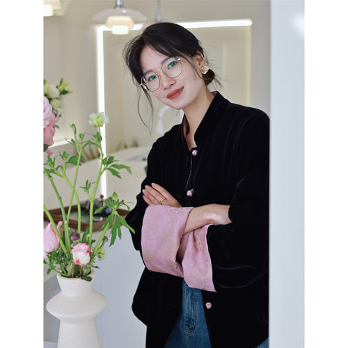 爵莱菲大码新中式两穿盘扣缎面提花真丝丝绒上衣女春季100%桑蚕丝