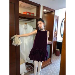 爵莱菲大码胖mm马甲暗夜紫节日千金感蝴蝶结丝绒背心连衣裙