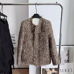 爵莱菲大码春季2026新款复古气质中长款小香风咖色毛边外套女胖mm