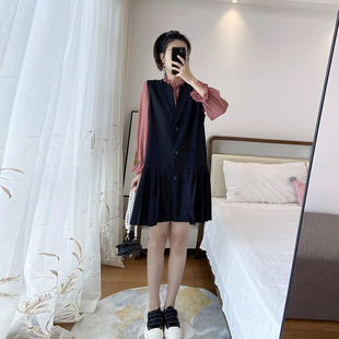 显瘦胖mm早秋2021新款 百褶连衣裙宽松大码 女 裙马甲西装 两件套套装