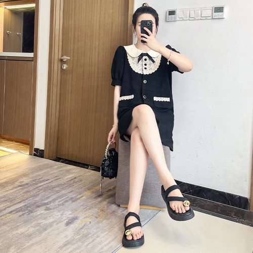 连衣裙女夏季新款2025洋气娃娃领衬衫裙宽松显瘦裙子大码胖mm拼接