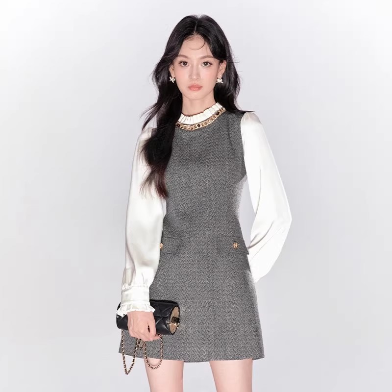 爵莱菲大码新款法式名媛千金风长袖连衣裙女小香风高级a字裙子