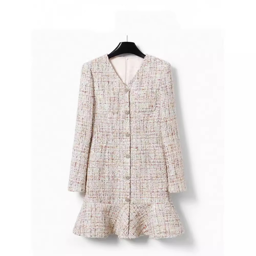 爵莱菲大码高定小香风连衣裙法式气质轻奢粗花呢长袖鱼尾a字短裙