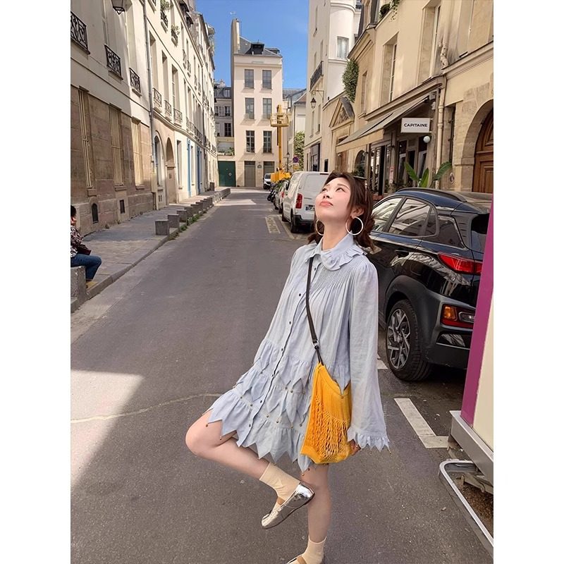 重磅手工缝制刺绣衬衫裙春季新款大码连衣裙宽松显瘦裙子