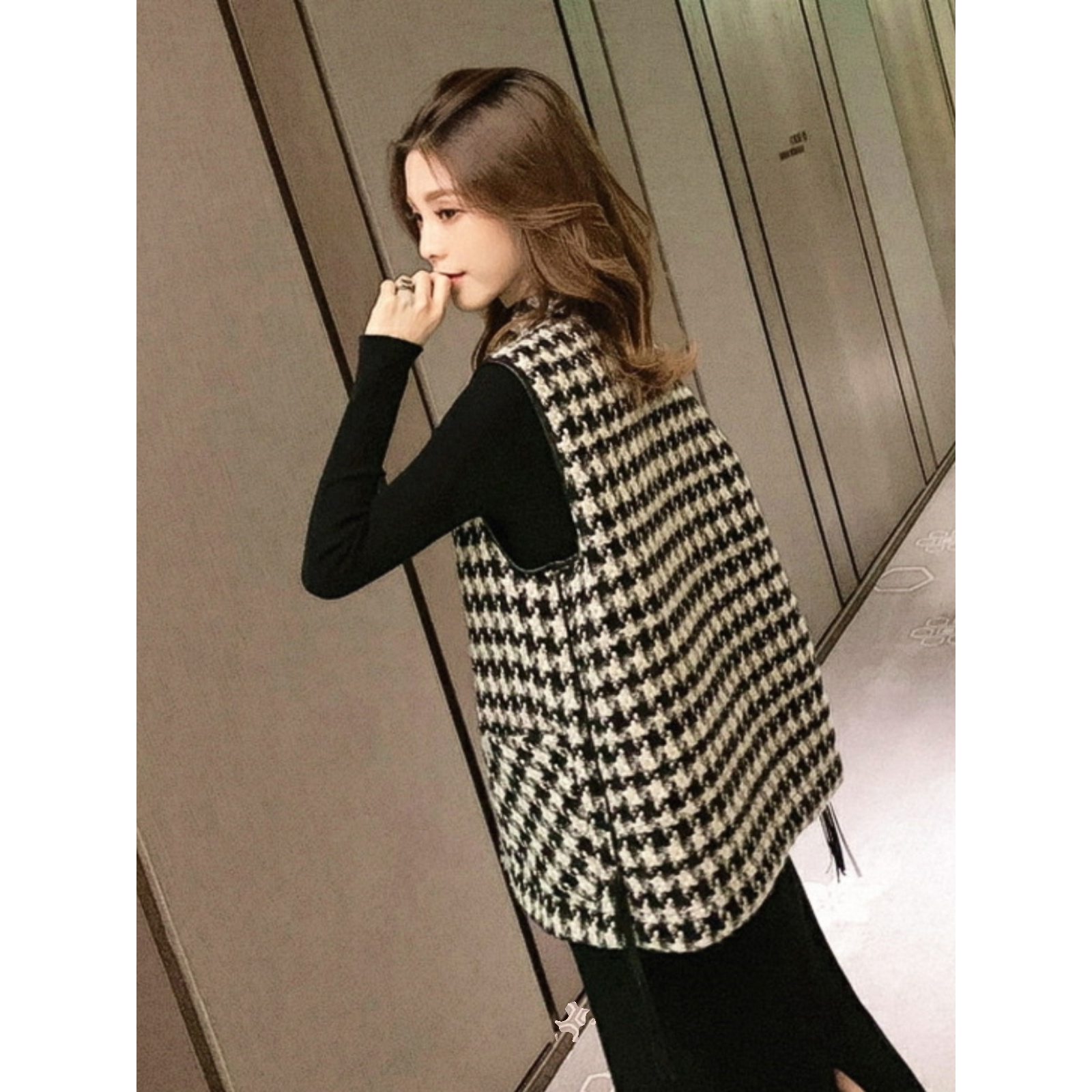 爵莱菲大码马甲秋冬欧货背心千鸟格坎肩法式小香风马夹粗花呢外套