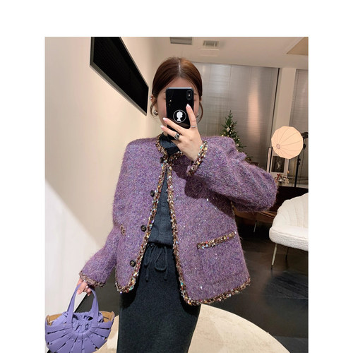 爵莱菲大码胖mm显瘦90白鸭绒精致亮片粗花呢羊毛小香羽绒外套秋冬