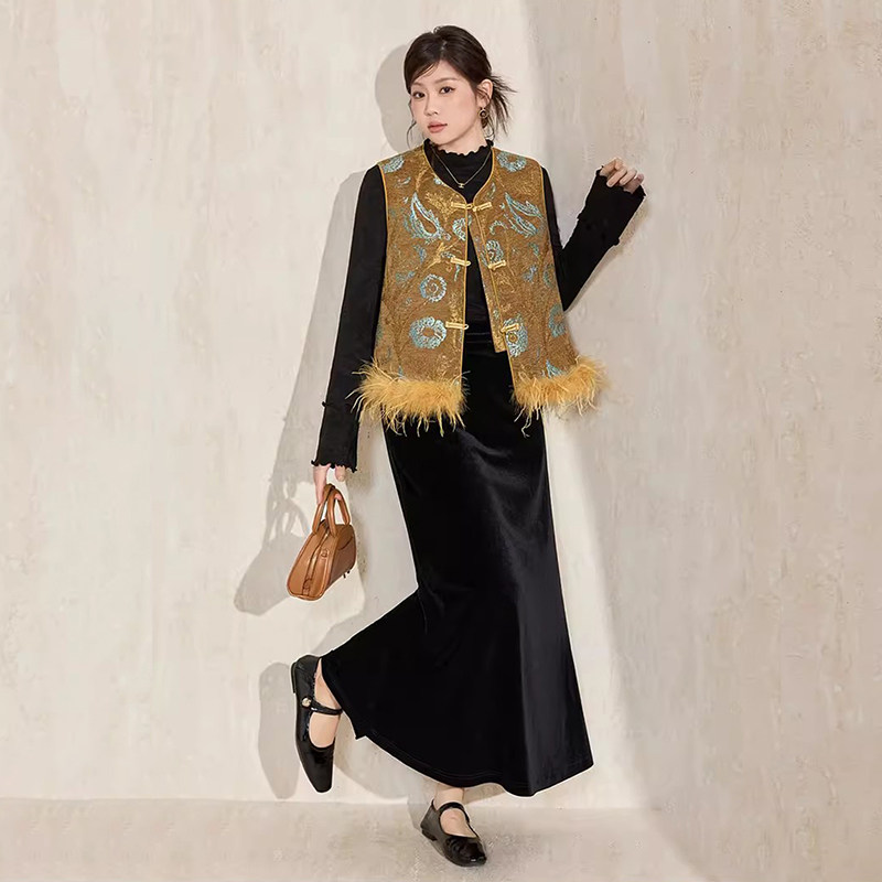 爵莱菲大码新中式提花鸵鸟毛马甲2026新款外套背心国风气质,女装/女士精品,常规大码外套,淘宝优惠券,粉丝福利购,淘宝优惠卷