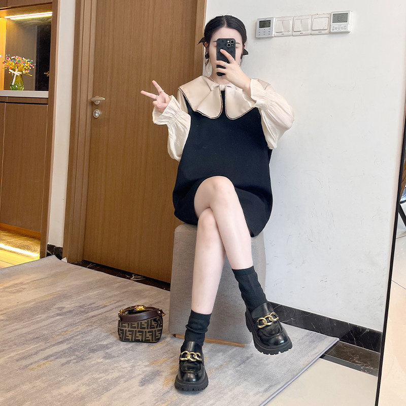 法式长袖连衣裙套装女秋2025新款娃娃领小个子洋气减龄大码胖mm