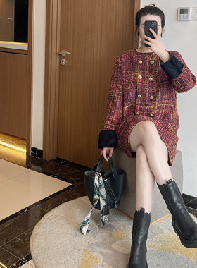 赫本小香风红色连衣裙子