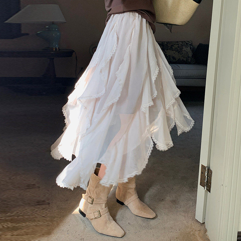 法式高腰不规则荷叶边蕾丝拼接半身裙女秋冬新中长款飘逸感花瓣裙,女装/女士精品,大码半身裙,淘宝优惠券,粉丝福利购,淘宝优惠卷