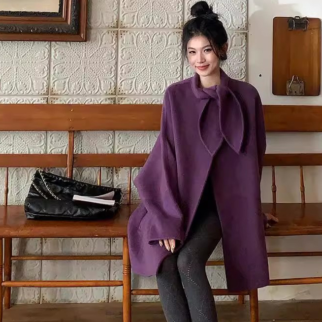 爵莱菲大码胖mm一眼心动的漂亮紫色羊毛中长款双面呢大衣女外套