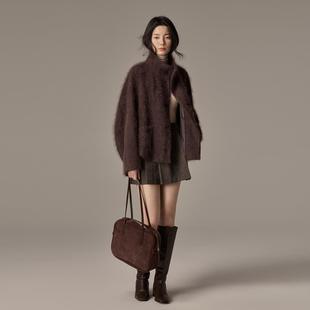 爵莱菲大码高级感重磅奢华羊绒拉绒大衣女短款立领皮草毛呢外套冬