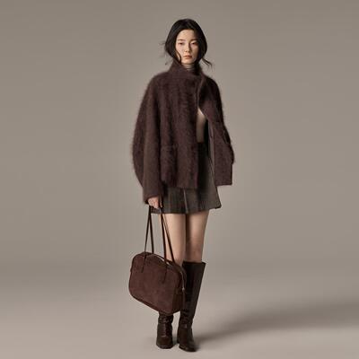 爵莱菲大码高级感重磅奢华羊绒拉绒大衣女短款立领皮草毛呢外套冬