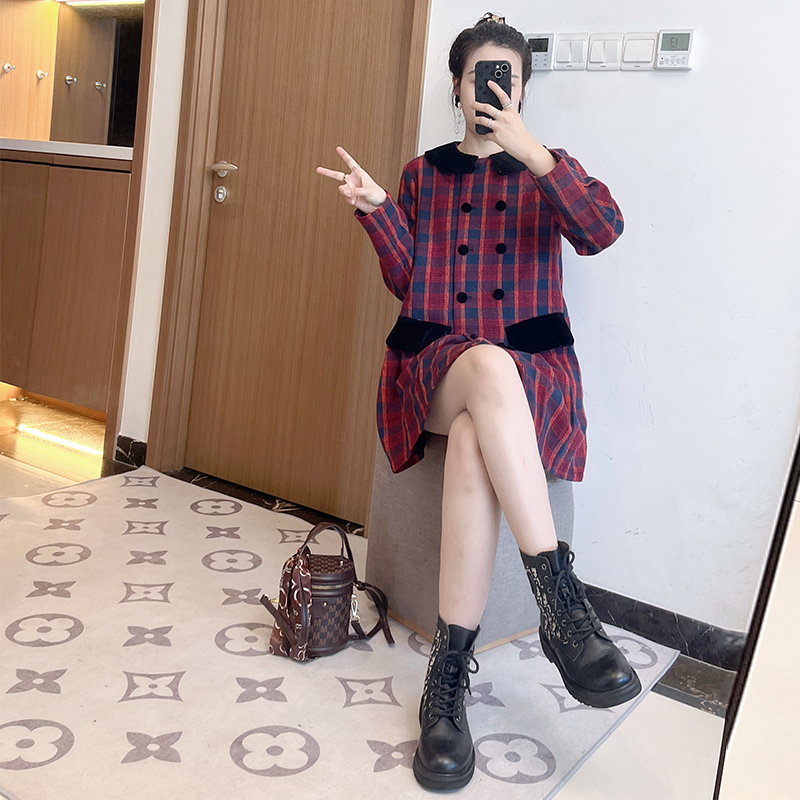 爵莱菲红色复古长袖格子裙子