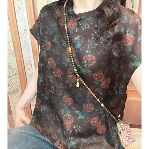 爵莱菲大码女装新中式100分桑蚕丝香云纱斜襟立领复古上衣新款夏