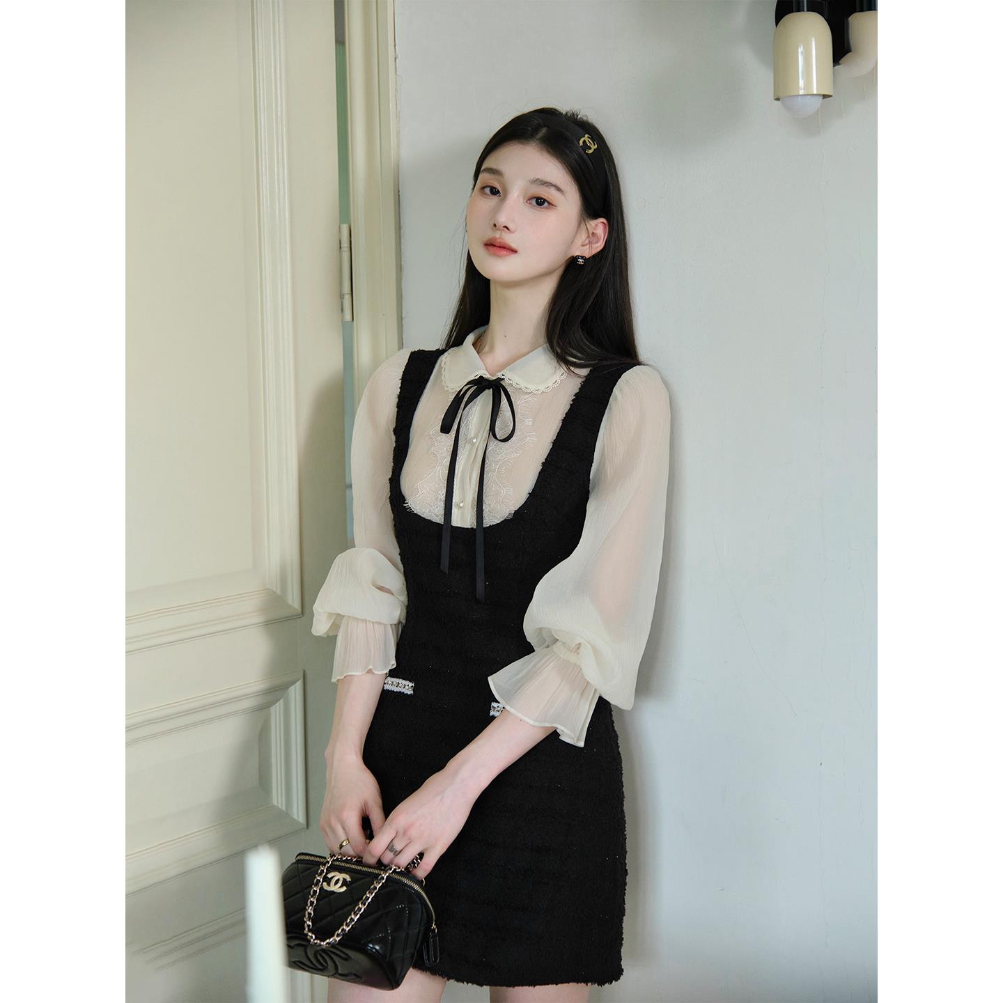 爵莱菲大码2025秋季新款气质显瘦法式撞色小香风假两件连衣裙女