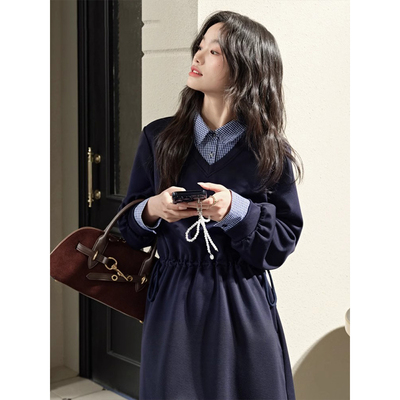 大码藏蓝色假两件连衣裙女2025春季新款收腰气质短裙子春日穿搭秋