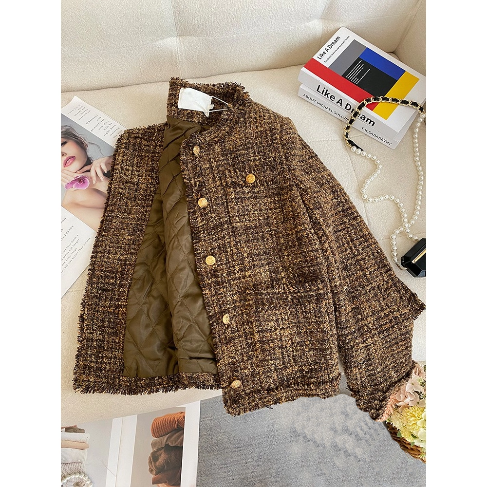 爵莱菲大码羊毛小香风外套女2025秋冬加厚羊毛粗花呢上衣羽绒服