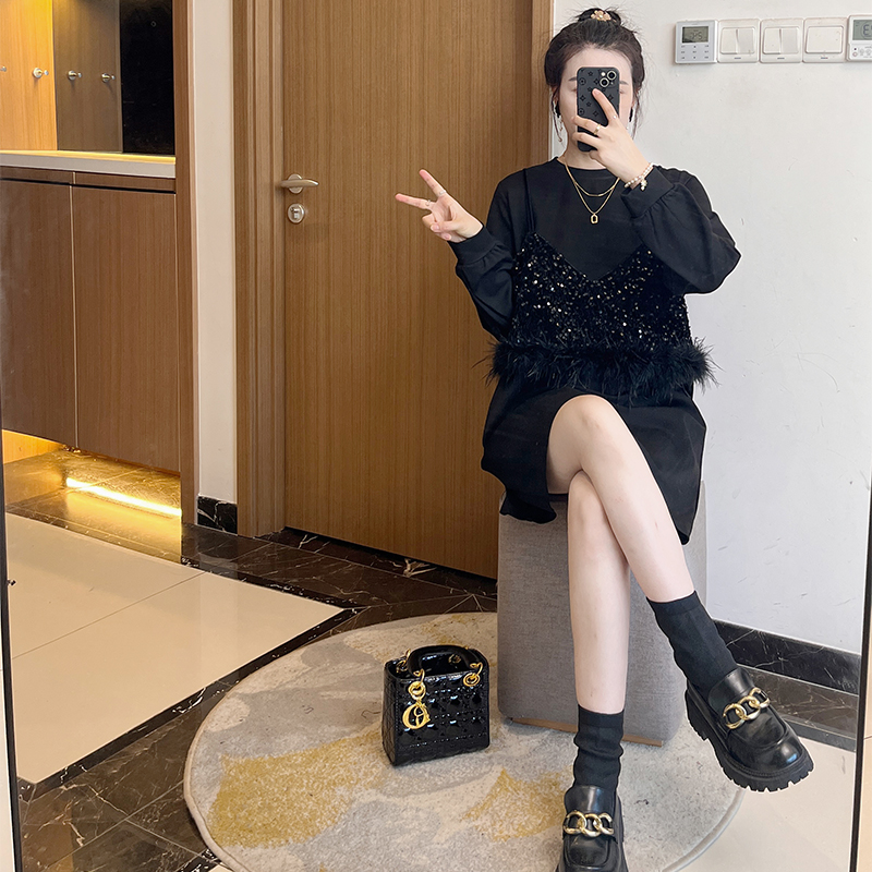 2024秋季新款大码女装气质显瘦拼接圆领长袖卫衣假两件连衣裙女