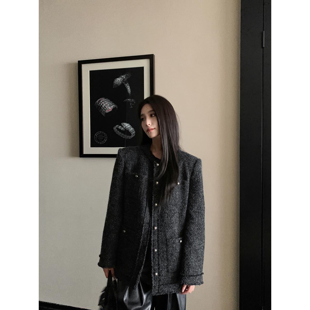 爵莱菲大码胖mm羽绒服粗花呢单排扣高级感小香风外套女冬羽绒内胆