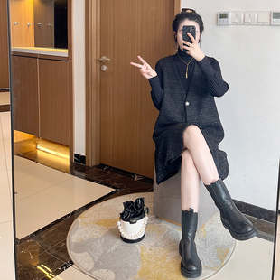 胖mm 两件大码 气质小香风背心连衣裙女秋冬新款 显瘦a字小黑裙套装