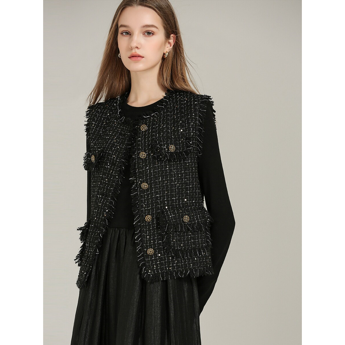 爵莱菲大码轻奢质感圆领小香风马甲女质感毛须边小众粗花呢背心