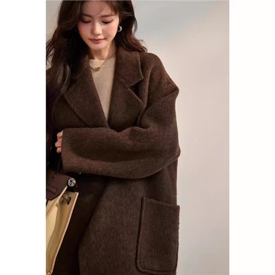 爵莱菲大码棕色双面羊绒大衣女中长款2025新款秋冬季羊毛呢子外套