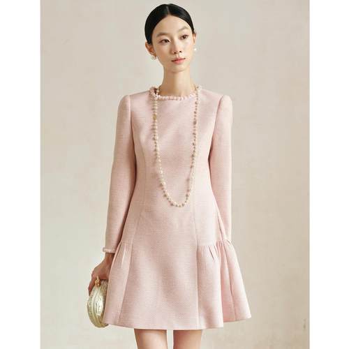 爵莱菲大码法式重工手工钉珠 秋冬优雅通勤收腰显瘦小香风连衣裙