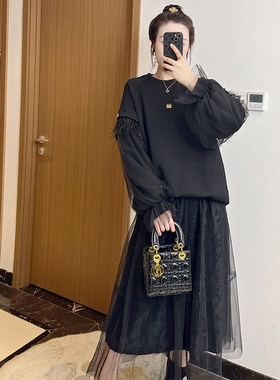 冬季黑色圆领女2026网纱流苏宽松休闲大码胖妹妹上衣显瘦加绒卫衣