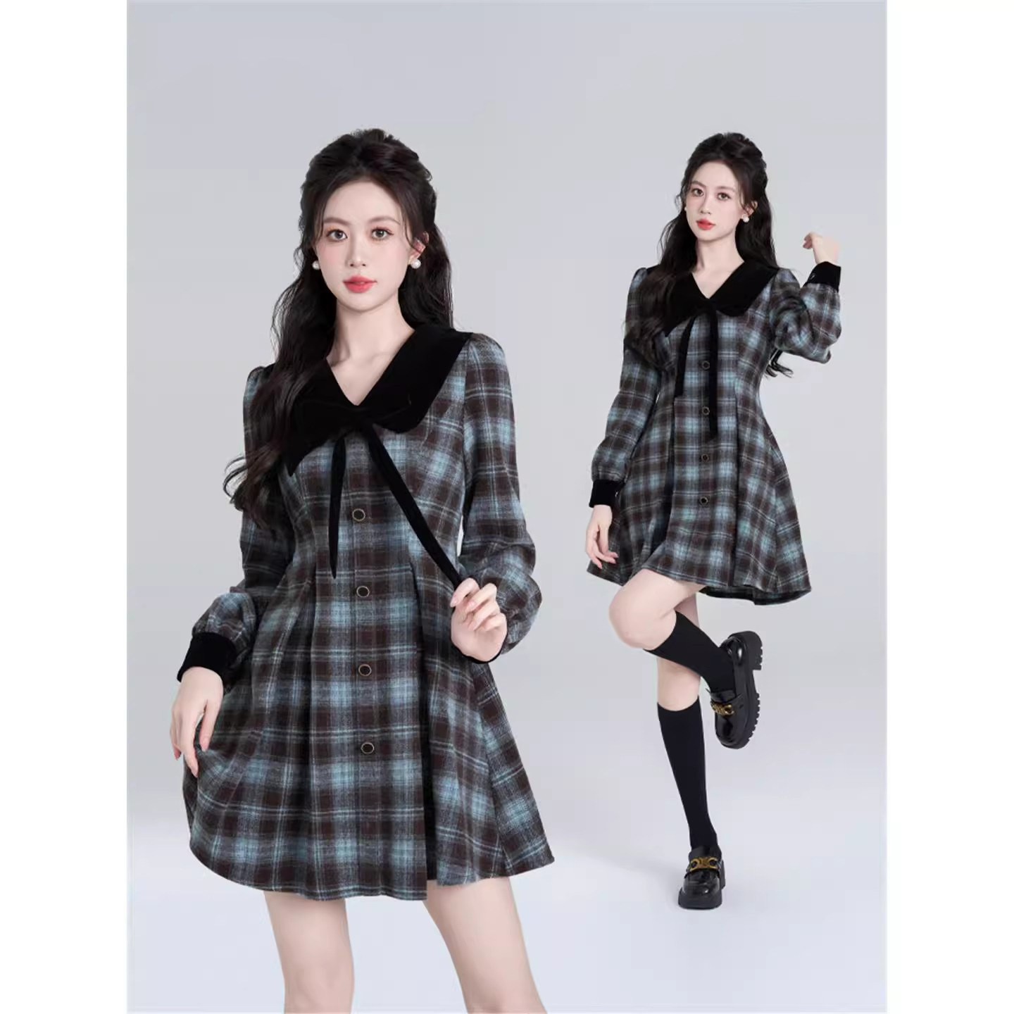 爵莱菲大码法式娃娃领蓝色格子绝美连衣裙女秋冬季学院风复古内搭,女装/女士精品,大码连衣裙,淘宝优惠券,粉丝福利购,淘宝优惠卷