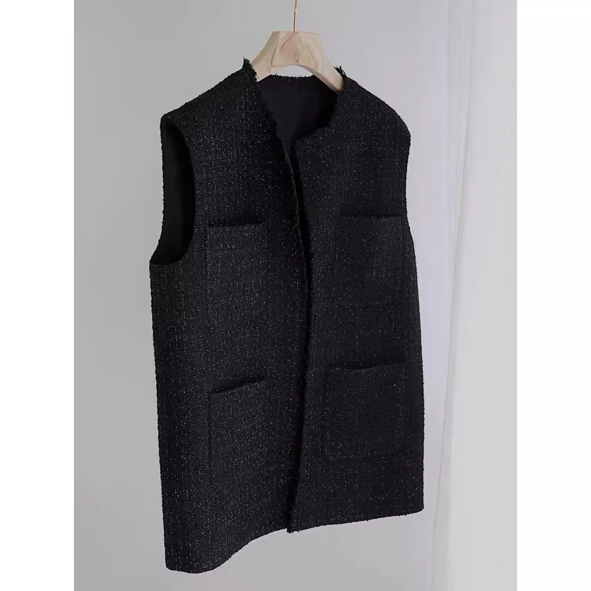 爵莱菲大码黑钻系列进口羊毛小香风马甲2025新款显瘦黑色胖mm