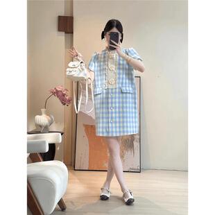 小众减龄宽松遮肉 新款 爵莱菲大码 高级感蓝色格纹连衣裙女2025夏季