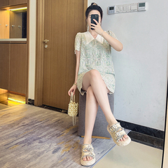 小个子v领连衣裙女夏季2025新款高级感法式气质蕾丝减龄大码胖mm