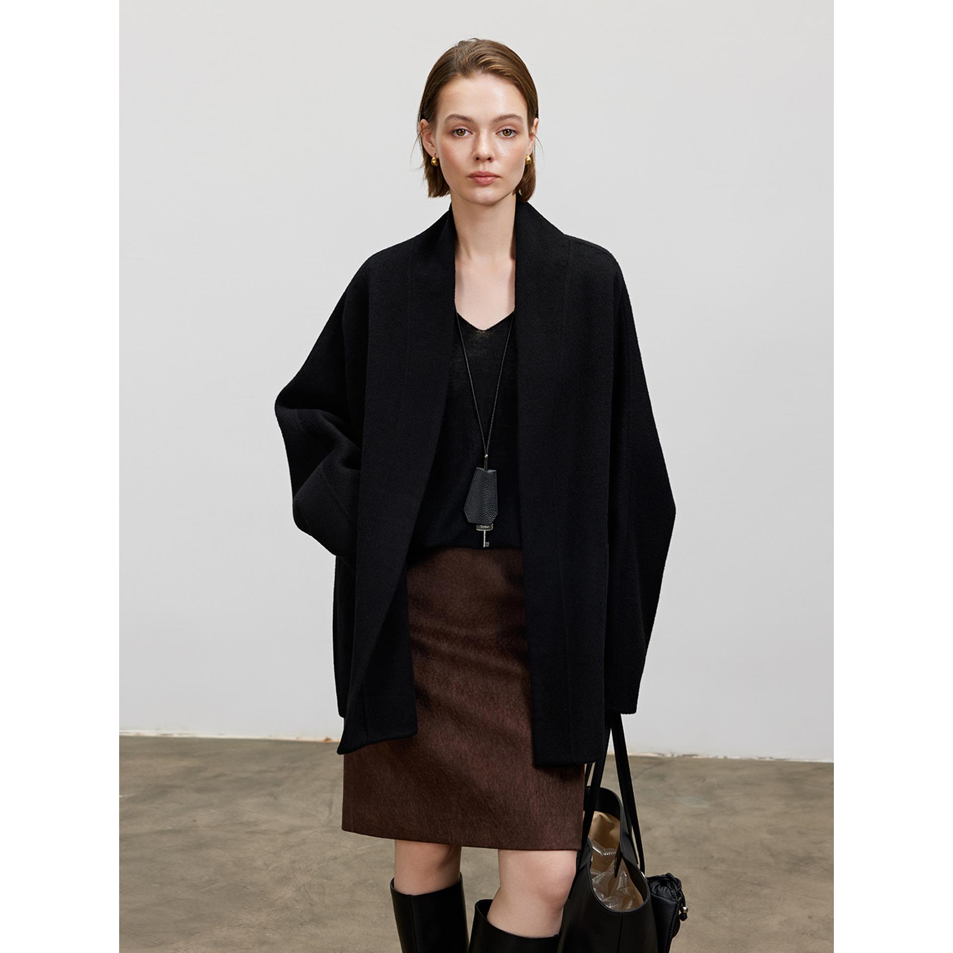 爵莱菲大码秋冬浴袍式慵懒风蝙蝠袖茧型双面呢大衣羊毛呢外套女