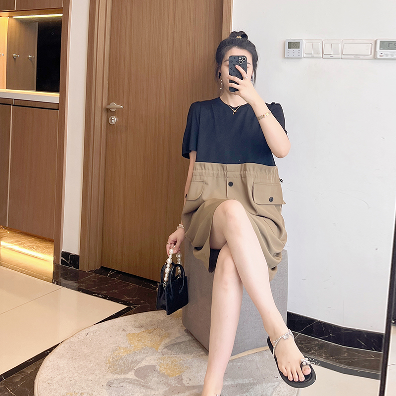 拼接假两件夏装减龄2024新款女装大码胖mm短袖薄休闲巨显瘦连衣裙