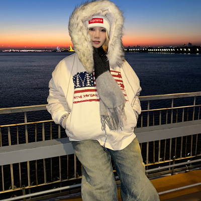ZZHKA 美式旗帜迷彩加绒连帽卫衣男女秋冬宽松设计感休闲外套