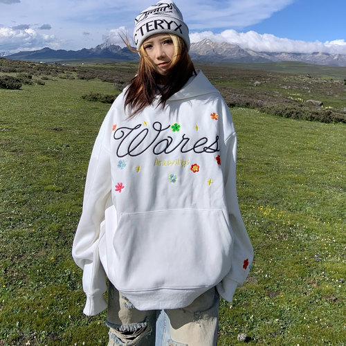 美式复古花卉刺绣宽松连帽卫衣