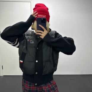 ZZHKA 美式复古针织拼接立领羽绒服50白鸭绒冬季保暖外套男女款潮