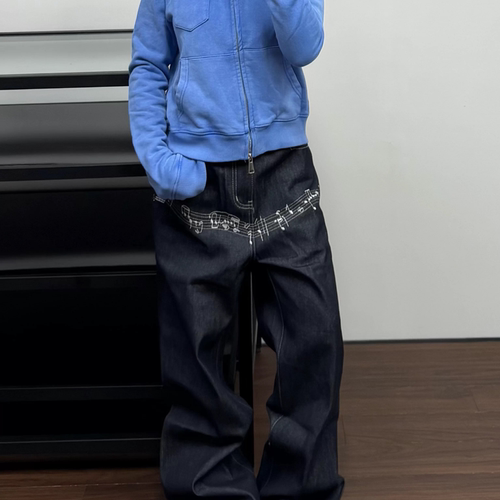 美式街头原牛刺绣宽松牛仔裤