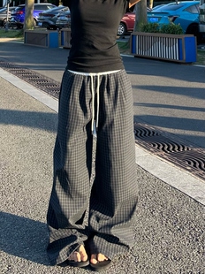 ZZHKA 美式复古撞色腰头百搭休闲宽松夏季格子裤男女款直筒阔腿裤