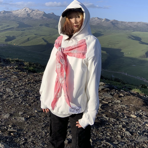 ZZHKA 原创美式复古蝴蝶结格子绑带连帽卫衣秋冬季情侣款帽衫