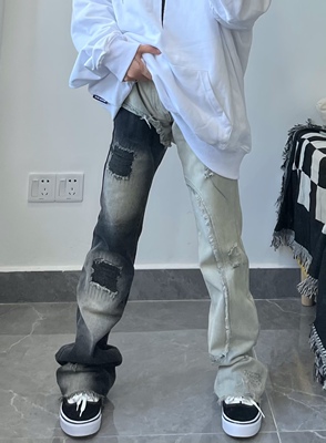 拼接四季爆款牛仔直筒长裤